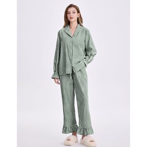 Womens Gingham Pajamas Set Cotton Plaid Long Sleeve Button Down Shirt Pants Ruffled Hem 2 Piece <b>Lounge</b> Wear - Product Image 2