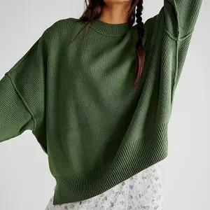 Suéter de punto para mujer, jerseys básicos de gran tamaño, cuello suelto, suave, Verde