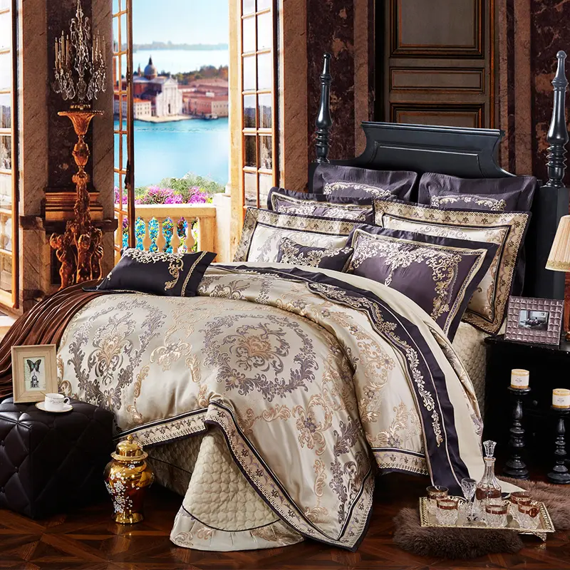 Avrupa tarzı lüks saten ipek otel güzel zarif jakarlı nevresim takımı yatak çarşafı yorgan yatak örtüsü seti