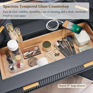 AJUNION 48 "moderno acanalado de madera maquillaje vanidad vidrio superior tocador 3 paneles espejos esquina maquillaje tocador <span class=keywords><strong>con</strong></span> 3 <span class=keywords><strong>luces</strong></span> Led - Product Image 3