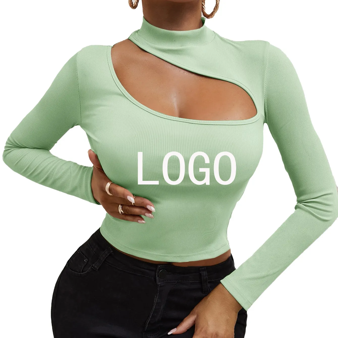Silk screen printing knitted women's blouses Cut Out shirts crop tops tee T-shirts plain knitted top