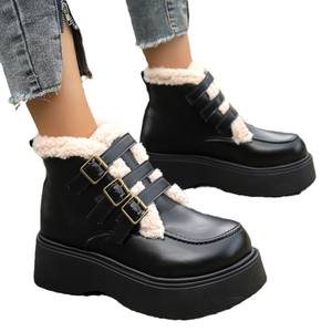 Bottes de neige vintage nordiques pour femme, doublées polaire, épaisses, avec boucle de ceinture, semelle épaisse, bottes en coton chaudes rehaussantes - Product Image 5