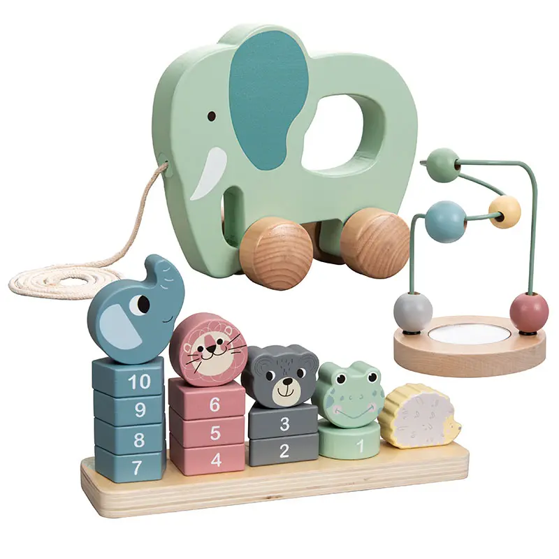 Nouveau design pour tirer ensemble de jouets avec animal empiler jouet Trio ensemble de jouets en bois pour enfants