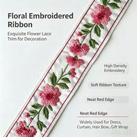Ruban brodé sur base en tissu, motif floral vintage personnalisé, base blanche unie, fleur rose, feuille verte, garniture en dentelle haute densité pour vêtement