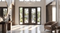 Porte double en fer forgé carrée concentrique de luxe LINCAI |   Porte d'entrée de villa moderne forgée à la main avec verre symétrique