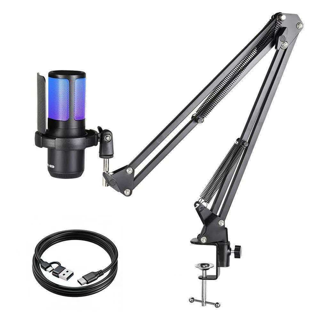 Gaming Microphone, Noise Cancellation Condenser Mic with Mute, Gain, Monitoring, Boom Arm Mic for Streaming, Podcast, Twitch