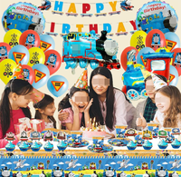 Ensemble de vaisselle et fournitures pour fête d'anniversaire Thomas le train : Assiettes, gobelets, serviettes, nappe, pailles, décorations de gâteaux, toppers pour cupcakes, bannières, ballons