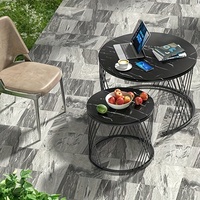 Juego de Mesa de Centro Redonda Negra (2 Piezas) con Aspecto de Mármol, Mesas de Centro Encajables para Sala de Estar y Patio, Modelo Z-15
