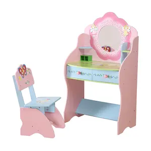 Mesa de estudio de tocador rosa para niños y niñas, juego de muebles de madera, juegos de sillas, juguetes para bebés