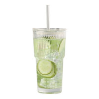 Tasse en verre à motifs verticaux style INS, tasse à eau haut de gamme avec couvercle, tasse à café pour boissons froides pour femme, cadeau promotionnel