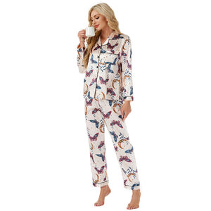 Ensemble de pyjama élégant pour femme en satin imprimé, <span class=keywords><strong>haut</strong></span> à manches longues ouvert sur le devant, pantalon long à taille élastique, doux, respirant, motif léopard romantique - Product Image 6