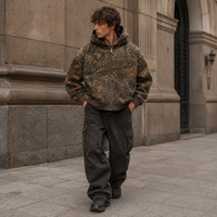 Sweat à capuche court surdimensionné pour homme, style streetwear Y2K personnalisé, effet vieilli, délavé, camouflage Real Tree, en coton lourd 100%
