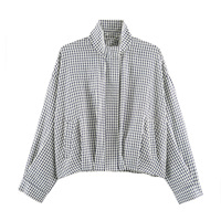 Nouvelle Veste Courte Décontractée à Carreaux Vichy pour Femme 2026 – Col Montant Zippé, Manches Longues, Coupe Ample