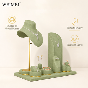 ถาดวางสร้อยคอและกำไลข้อมือ WEIMEI สีเขียวกำมะหยี่พร้อมฐานโลหะสีทอง ที่วางต่างหู ที่วางแหวน สำหรับร้านขายของที่ระลึก ชุดจัดแสดงเครื่องประดับ - Product Image 3