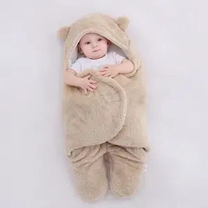 YIZHI Warm Plush Soft Baby Hooded Swaddle Blanket Skin Friendly Bear Newborn Baby Swaddle Sleeping Bag Sack for Baby Boys Girls