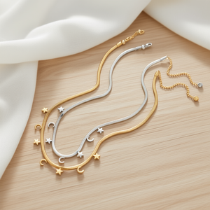 Collar Angelina con Estrella y Luna, Acero Inoxidable, Tono Dorado y Plateado, 60 cm, Colgante Unisex, Joyería Casual de Moda - Product Image 2