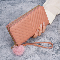 2025 à la mode femmes coréen Double fermeture éclair pochette portefeuille V broderie boule de poils nouvelle Position multi-cartes longue durée Polyester
