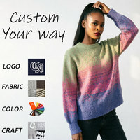 Pull tricoté sur mesure OEM pour femme, dégradé vert rose bleu, chiné, à manches raglan tombantes, en maille épaisse et duveteuse