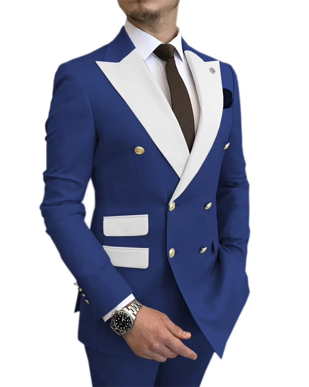 Blue New Men's Suit Slim Double-breasted White Lapel Fashion Groom Best Man Wedding Party Business Suits Classic Suits 2PCS