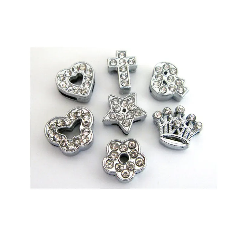 Rhinestone Heart Cross Crown Charms 8mm Slide Charms For Bracelet Pet Collar DIY Women Jewelry Making 8mm Slide Bracelet Charms