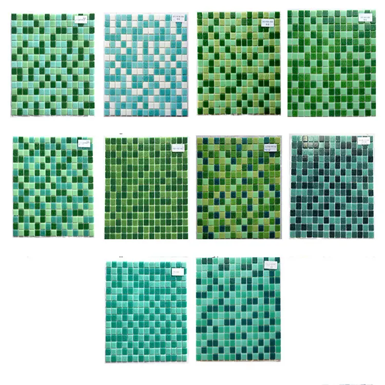 Mezcla de mosaico personalizado de fábrica, azulejos de vidrio de mosaico verde para piscinas, azulejos de mosaico de fusión en caliente para pared