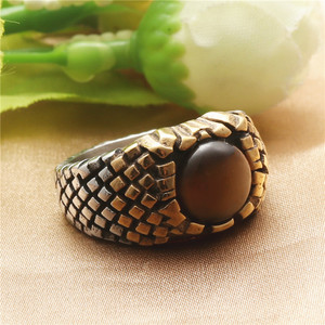 Men's Stainless Steel Snake Pattern <b>Ring</b> With Brown Stone Geometric Design Casual Jewelry - Product Image 1
