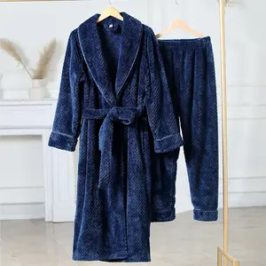 Pasangan mewah Homewear piyama Set pakaian pakaian Lounge wanita putih flanel bulu panjang musim dingin pakaian malam jubah mandi Set