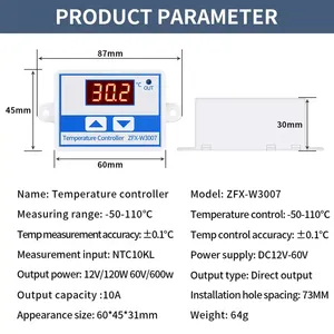 Contrôleur de température numérique ZFX-W3007 pour batterie 12V ou 60V, thermostat de chauffage et de refroidissement à contrôle de température élevé - Product Image 2