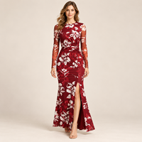 Gaun Maxi Wanita Model Terbaru 2026 Warna Burgundy Bermotif Bunga, Lengan Panjang Transparan, Pinggang Berkerut, Belahan Tinggi, Gaun Pesta Malam Elegan