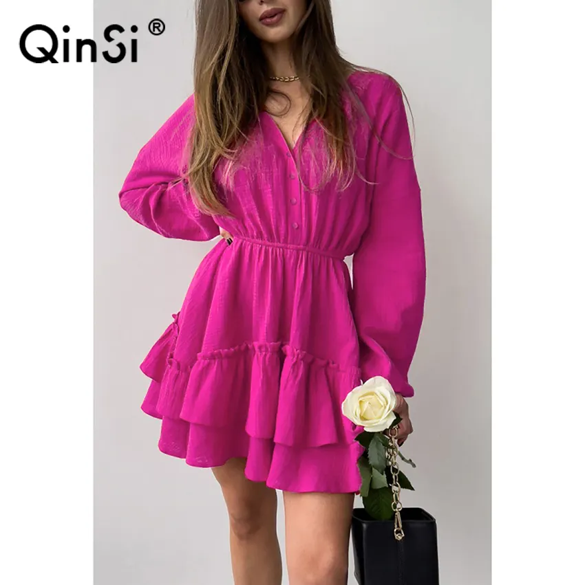 Bclout/QINSI Ladies Office Spring Cotton Dresses Chic Woman Elegant Puff Sleeve Cascade Ruffle Mini Dress Rose Red Ruffled Dress