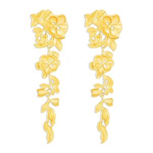 Boucles d'oreilles pendantes tendance style rétro européen-américain, motif floral stéréo avec pompon, haut de gamme, feuille exagérée, en alliage de zinc plaqué or - Product Image 6