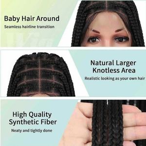 Perruques tressées sans nœuds en dentelle transparente en gros, perruques synthétiques noires et bordeaux, tresses torsadées, perruques frontales, perruque tressée en boîte - Product Image 6