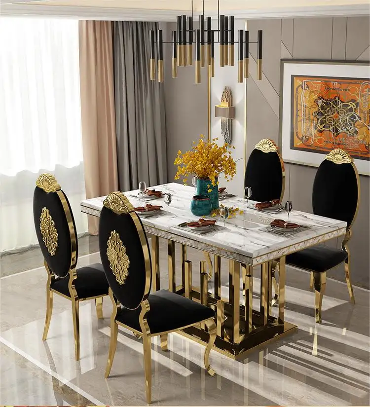 Table à manger moderne de luxe en acier inoxydable doré, meubles de salle à manger, table et chaises pour 8 personnes avec plateau en marbre à vendre