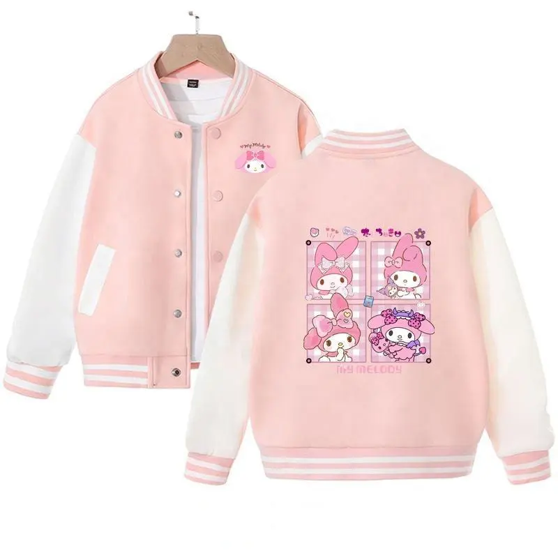 Sanrio แจ็คเก็ตของ My Melody สำหรับเด็กผู้หญิงฤดูใบไม้ผลิฤดูใบไม้ร่วงเสื้อสเวตเตอร์หลวมสำหรับเด็กขนาดกลางและใหญ่แจ็คเก็ตเบสบอลตะวันตกของเด็ก