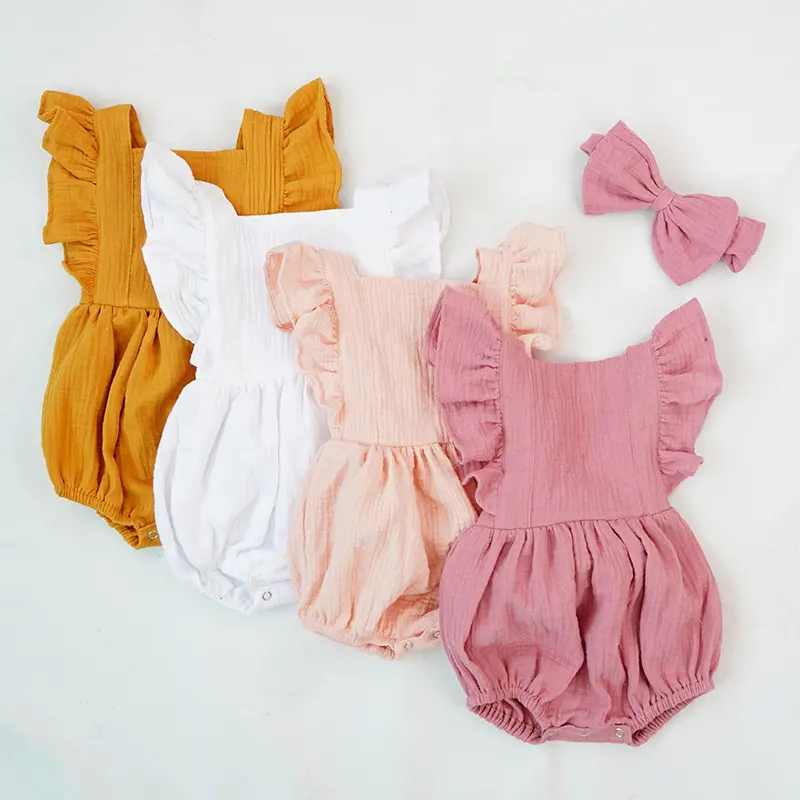 Summer Infant Cute Flutter Sleeve Bodysuit Organic Cotton New Born Baby Girl Rompers