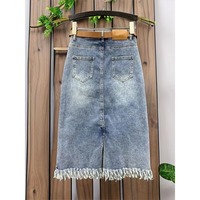 Rok Midi Denim Katun Berhias Rhinestone Floral Musim Semi 2026, Model Barat Chic Pinggang Tinggi dengan Rumbai di Bagian Bawah