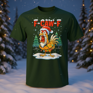 Camiseta navideña con diseño de pollo F-Caw-F, gorro de Papá Noel y luces - Product Image 3