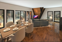 Maison préfabriquée moderne en acier léger de style barndominium, maison modulaire à un étage de style grange avec revêtement en métal ondulé