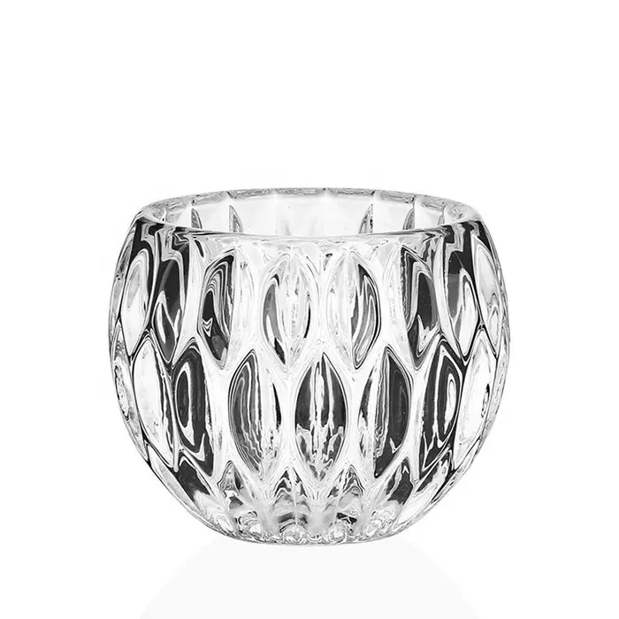 Suporte de vela de vidro, bonito, forma de bola de luxo, grosso, diamante, gravado, suporte de vela de vidro