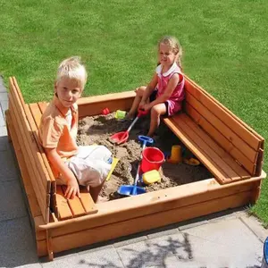 Wooden Kids Sand Pit Square Seated Children Play Sandpit With Lid Cover Folding Chair Bench Seat Outdoor Sandbox Baby Furniture