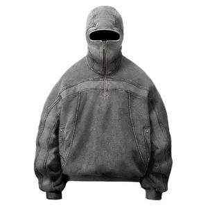 wholesale drop shoulder vintage blank hooded sweater custom acid wash ninja full face zip up hoodie with eye holes