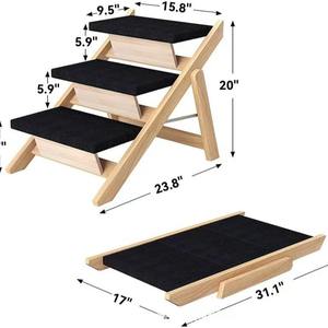 Wooden Pet Stairs 3 Step Anti Slip <b>Ramp</b> For Small <b>Dogs</b> Cats Natural Wood Color 20 In Height Foldable Design - Product Image 1