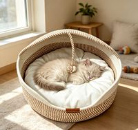 Lit pour chat confortable et mignon avec coussin amovible et lavable et corde en coton pour chats d'intérieur - Utilisation toutes saisons, portable