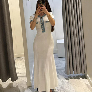 Vêtements d'été pour femmes, nouvelle mode, robe à manches courtes en tricot à col rond et bouton unique - Product Image 2