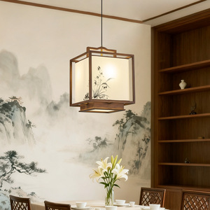 Lustre esthétique de la dynastie Song, nouveau style chinois, peinture à l'encre, orchidée, bois massif, luminaire en tissu pour salon - Product Image 2