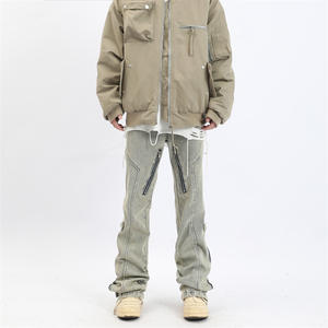 خمر مخصص سحاب سراويل الجينز مضيئة السراويل الساق مستقيم غسلها الثقيلة المتعثرة جينز ممزق الرجال بنطال مضيئة - Product Image 3