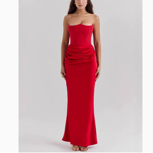 <span class=keywords><strong>Vestido</strong></span> <span class=keywords><strong>Midi</strong></span> de Satén con Hombros Descubiertos y Pliegues de Espina de Pescado, Colección Primavera 2026 Europea y Americana - Product Image 3