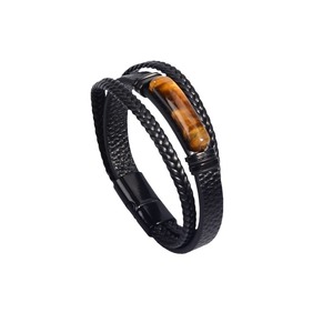 Tiger's Eye Men's <b>Leather</b> <b>Bracelet</b> Black Multi Layer Magnetic Clasp Stainless Steel Buckle Gift Jewelry 7.5 8.5 9 Inches - Product Image 3
