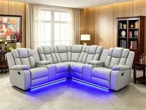 Modern Beige Faux <b>Leather</b> 5-Seater Sectional <b>Recliner</b> Sofa with Power Recline USB Charging Storage Console for Living Room - Product Image 6