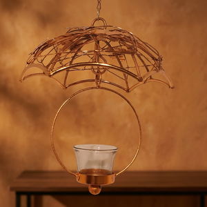 <b>Copper</b> Finish Umbrella Shape Hanging <b>Lantern</b> With Glass Candle Holder For Home Decoration - Product Image 3